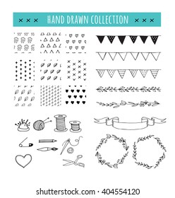 Handmade, crafts workshop icons, patterns and hand drawn illustrations