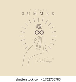 Handmade, crafts workshop, made with love logotype. Vector abstract logo design template in trendy linear minimal style - female hands with sun, moon symbols for cosmetics, beauty and vintage shops