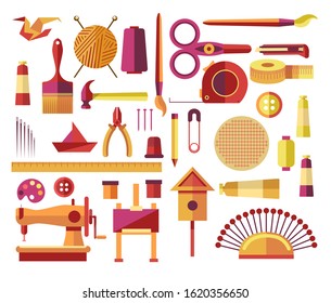 Handmade Creative DIY Projects Icons Collection. Arts And Crafts Kit, Sewing Machine, Needle, Pins, Threads, Painting Tools Set And Carpentry Equipment For Wood Work. Vector On White Background.