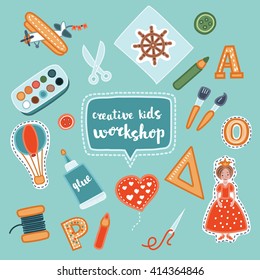 Handmade creative kids banners. Creative process banners with child application and children handiwork. Vector illustration of workshop set