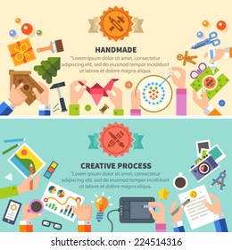 Handmade and creative process: drawing, photo, embroidery, workshop. Vector flat illustrations