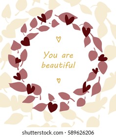 Handmade custom text placed on blossoming background. Romantic illustration with abstract flower and hearts on the color background. Perfect for cover, card, cartoon, invitation and fabric design.