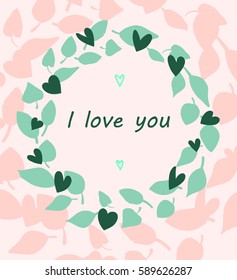 Handmade custom text placed on blossoming background. Romantic illustration with abstract flower and hearts on the color background. Perfect for cover, card, cartoon, invitation and fabric design.
