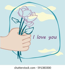 Handmade custom text placed on blossoming background. Romantic illustration with abstract flower and hearts on the color background. Perfect for cover, card, cartoon, invitation and fabric design.