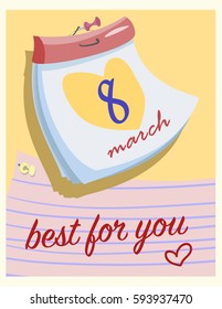 Handmade custom text placed on blossoming background. Congratulation on Happy Women's Day. Banner design template, vector illustration. Perfect for cover, card, cartoon, invitation and fabric design.