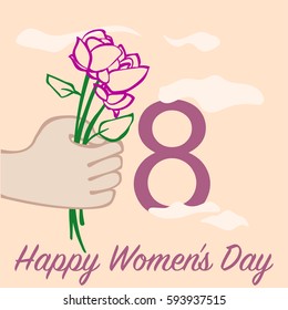 Handmade custom text placed on blossoming background. Congratulation on Happy Women's Day. Banner design template, vector illustration. Perfect for cover, card, cartoon, invitation and fabric design.