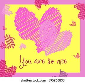Handmade custom text placed on blossoming background. Romantic illustration with abstract hearts on the color background. Perfect for textile or gift wrap, card, cartoon, invitation and fabric design.