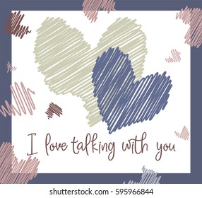 Handmade custom text placed on blossoming background. Romantic illustration with abstract hearts on the color background. Perfect for textile or gift wrap, card, cartoon, invitation and fabric design.