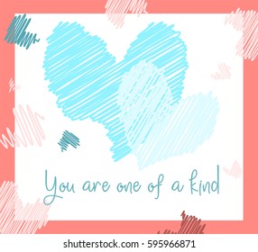 Handmade custom text placed on blossoming background. Romantic illustration with abstract hearts on the color background. Perfect for textile or gift wrap, card, cartoon, invitation and fabric design.
