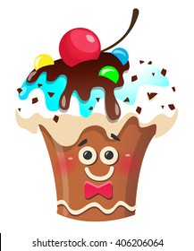 Handmade cute cartoon cup cake character with cherry. Vector illustration, clip-art, isolated on white background