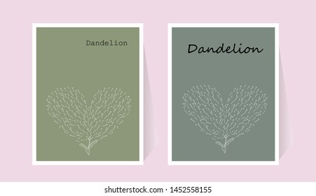 Handmade Dandelion in Doodle Style. Flying petals in the shape of a heart. Template card. A set of posters in green. Flowering plant. Sketch botanical. White contour herbal.