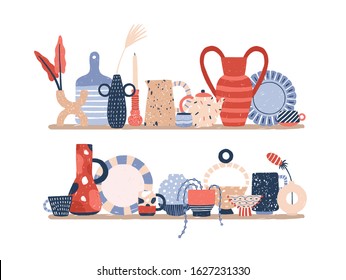 Handmade decor porcelain on rack vector flat illustration. Hand drawn modern pottery product of ceramic studio isolated on white. Handcraft vases, crockery and interior decoration