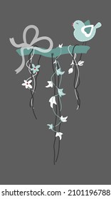 Handmade decorative pendant with hearts, ribbons and a bird. Clipart. Isolated element of decor on a white background. Vector illustration. Eps 10.