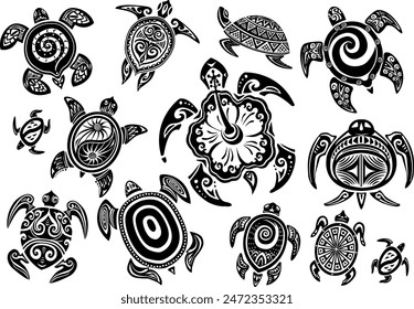 Handmade Decorative turtles in Maori tattoo style, Handmade vector not AI