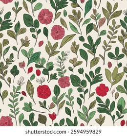 Handmade dense pattern of red flowers and various green leaves on light background, for gift wrap and wallpaper