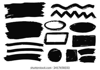 Handmade design elements. A set of painted grunge stripes in various designs. Black labels, background, paint texture. Brush strokes vector.