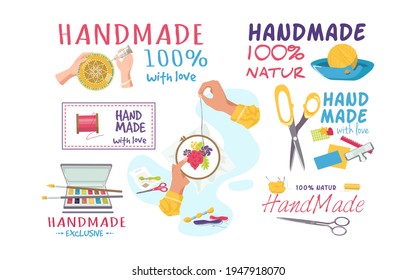 Handmade design and set, isolated on white vector illustration. Sewing, knitting craft collection concept. Hobby element, cartoon fabric