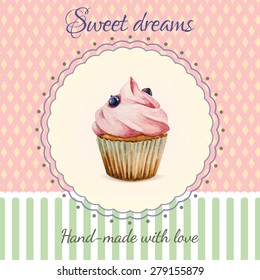 Hand-made desserts flyer template  with watercolor cupcake illustration and typographic in retro style