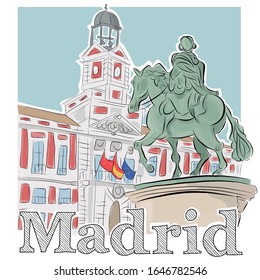 Handmade digital illustration of Madrid's Puerta del Sol, an iconic place for tourism.