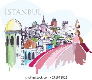 Handmade digital tablet drawing of Istanbul city view with Galata Tower, domes, buildings and trees