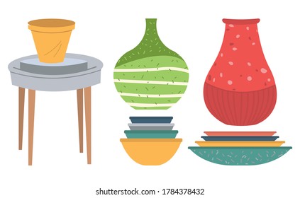 Handmade dishware, pottery objects, ceramic cookware. Plate and jar on white, ornamental kitchenware, bowl and pan, rustic cup, tableware symbol vector
