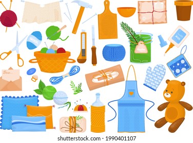 Colección diy hecha a mano, aislada en blanco, ilustración vectorial. Equipo y producto de afición a la artesanía, aguja, tijeras, hilo y pegamento.