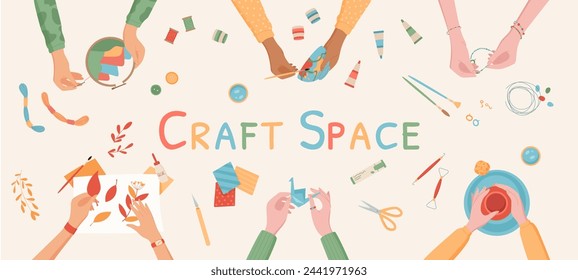 Handmade DIY craft workshop activity background, colorful hands make art vector banner, creative origami craftwork top view illustration, handicraft pottery work hobby vector concept.