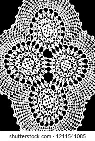 Handmade doily background texture grunge. Crocheted motive. Oval tablecloth with flowers.