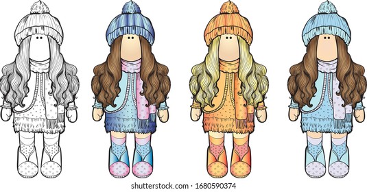 Handmade doll. Cute baby doll. Antistress coloring book for children and adults. Seamstress. Tailoring dolls.