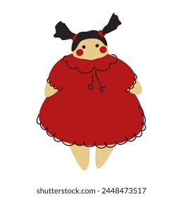 Muñeca hecha a mano de tela. Chica con un vestido rojo. Ilustración vectorial.