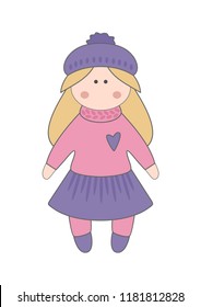 Handmade doll. Toy. Tilda toy. Vector doll. Set with cartoon girls. Nice illustration for for book, stickers,logo, business card or postcard.