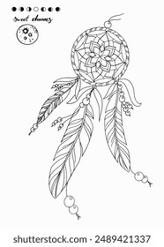 Handmade doodle illustration of Dream Catcher.Vector clipart concept line isolated on white bkgr.B and W design for poster,card,label,sticker,t-shirt,web,print,stamp,tattoo,etc.