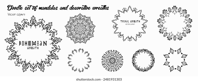 Handgemachte Doodle Illustration von Mandala.Set von Mandalas und Kränze.Vektorgrafik Clipart Concept Line isoliert auf weißem bkgr.B und W Design für Poster, Karte, Etikett, Aufkleber, T-Shirt, Web, Print, Stempel, Tattoo, etc.