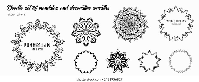 Ilustración de garabato hecho a mano de Mandala.Set de mandalas y guirnaldas.Línea conceptual de Clipart de Vector aislado en blanco bkgr.B y W diseño para póster, tarjeta, etiqueta, etiqueta, camiseta, Web, impresión, sello, tatuaje, etc.