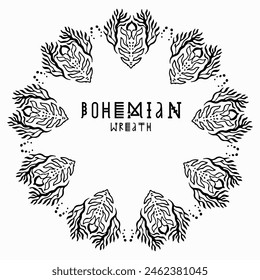 Handmade doodle illustration of Mandala.Bohemian botanical wreath.Vector clipart concept line isolated on white bkgr.B and W design for poster,card,label,sticker,t-shirt,web,print,stamp,tattoo,etc.