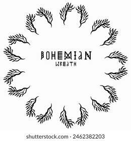 Handmade doodle illustration of Mandala.Bohemian botanical wreath.Vector clipart concept line isolated on white bkgr.B and W design for poster,card,label,sticker,t-shirt,web,print,stamp,tattoo,etc.