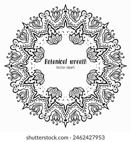 Handmade doodle illustration of Mandala.Bohemian botanical wreath.Vector clipart concept line isolated on white bkgr.B and W design for poster,card,label,sticker,t-shirt,web,print,stamp,tattoo,etc.