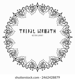Handmade doodle illustration of Mandala.Bohemian botanical wreath.Vector clipart concept line isolated on white bkgr.B and W design for poster,card,label,sticker,t-shirt,web,print,stamp,tattoo,etc.