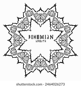Handmade doodle illustration of Mandala.Bohemian botanical wreath.Vector clipart concept line isolated on white bkgr.B and W design for poster,card,label,sticker,t-shirt,web,print,stamp,tattoo,etc.