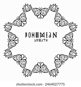 Handmade doodle illustration of Mandala.Bohemian botanical wreath.Vector clipart concept line isolated on white bkgr.B and W design for poster,card,label,sticker,t-shirt,web,print,stamp,tattoo,etc.