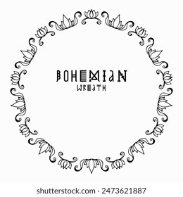 Handmade doodle illustration of Mandala.Bohemian botanical wreath.Vector clipart concept line isolated on white bkgr.B and W design for poster,card,label,sticker,t-shirt,web,print,stamp,tattoo,etc.