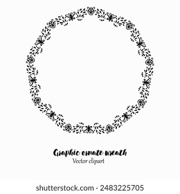 Handmade doodle illustration of Mandala.Bohemian botanical wreath.Vector clipart concept line isolated on white bkgr.B and W design for poster,card,label,sticker,t-shirt,web,print,stamp,tattoo,etc.