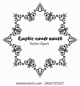 Handmade doodle illustration of Mandala.Bohemian Psychedelic Wreath.Vector clipart concept line isolated on white bkgr.B and W design for poster,card,label,sticker,t-shirt,web,print,stamp,tattoo,etc.
