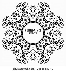 Handmade doodle illustration of Mandala.Bohemian wreath.Vector clipart concept line isolated on white bkgr.B and W design for poster,card,label,sticker,t-shirt,web,print,stamp,tattoo,etc.