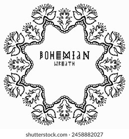 Handmade doodle illustration of Mandala.Bohemian wreath.Vector clipart concept line isolated on white bkgr.B and W design for poster,card,label,sticker,t-shirt,web,print,stamp,tattoo,etc.