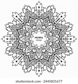 Handmade doodle illustration of Mandala.Botanical wreath with place for text.Vector clipart concept line isolated on white bkgr.B and W design for poster,card,label,sticker,t-shirt,web,print,stamp,etc
