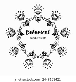 Handmade doodle illustration of Mandala.Botanical doodle wreath.Vector clipart concept line isolated on white bkgr.B and W design for poster,card,label,sticker,t-shirt,web,print,stamp,tattoo,etc.