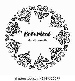 Handmade doodle illustration of Mandala.Botanical doodle wreath.Vector clipart concept line isolated on white bkgr.B and W design for poster,card,label,sticker,t-shirt,web,print,stamp,tattoo,etc.