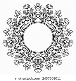 Handmade doodle illustration of Mandala.Botanical wreathwith butterflies and flowers.Vector clipart concept line isolated on white bkgr.B and W design for poster,card,label,sticker,t-shirt,web,print..