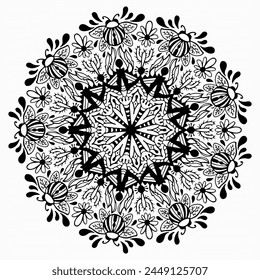 Handmade doodle illustration of Mandala.Coloring for arttherapy.Vector clipart concept line isolated on white bkgr.B and W design for poster,card,label,sticker,t-shirt,web,print,stamp,tattoo,etc.